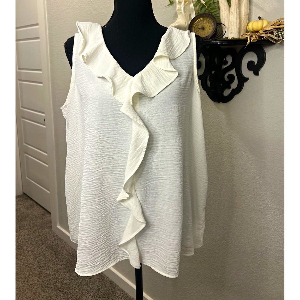 Cato White Solid Sleeveless V-Neck Ruffle Front Blouse Sz 14W/16W Career